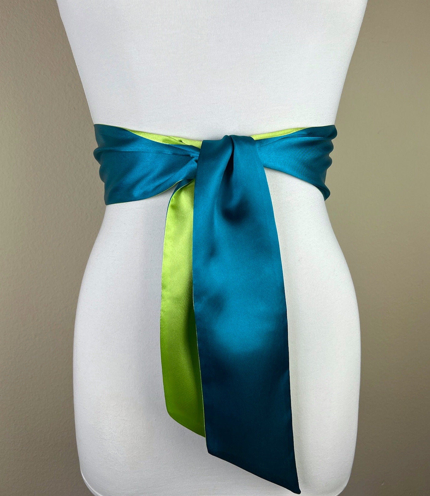 Color Block Teal & Lime Green Satin Sash, Wide Teal Sash Belt, Wide Lime Green Sash, Green Blue Sash Belt, Color Block Sash Belt Satin Swank