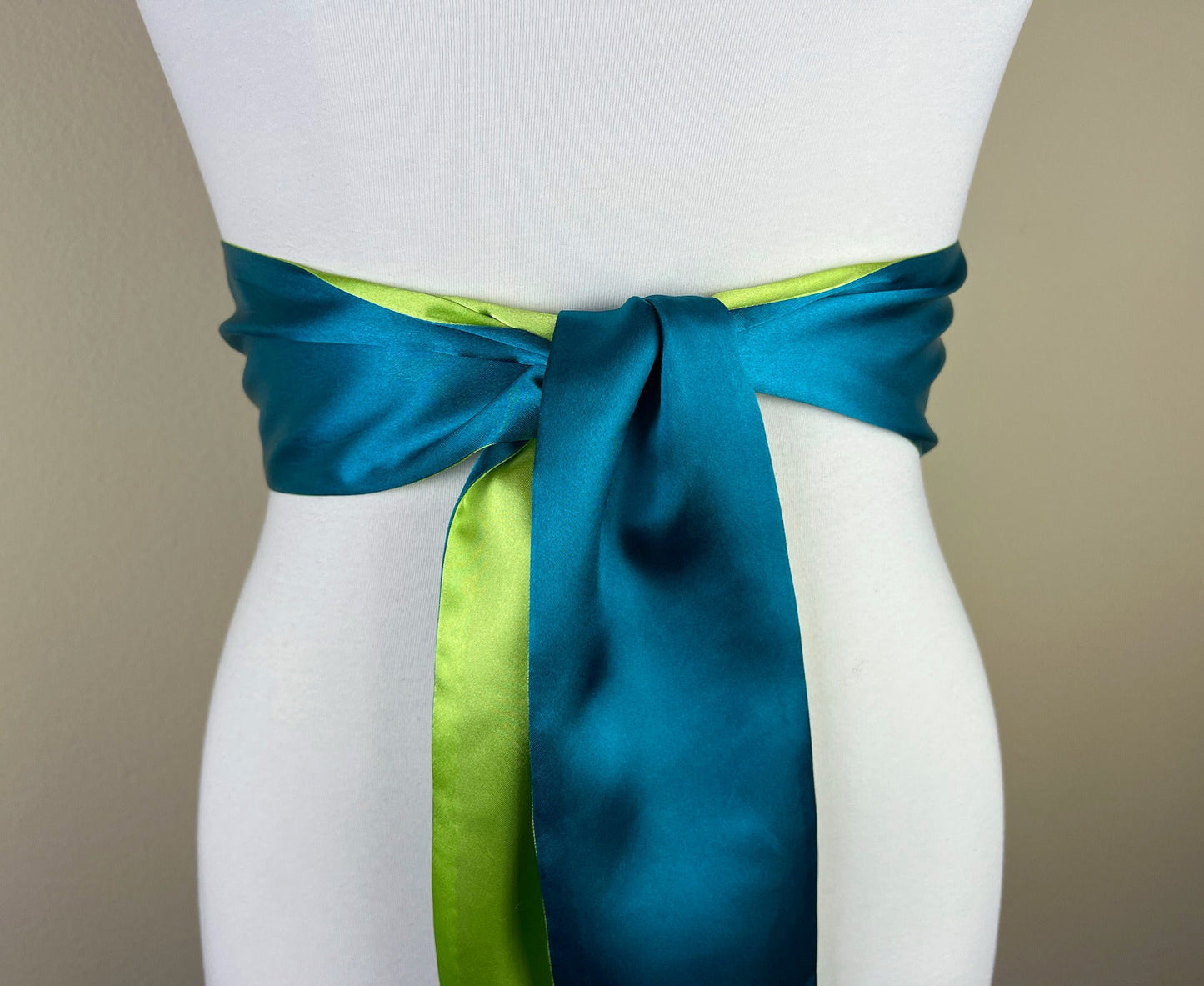 Color Block Teal & Lime Green Satin Sash, Wide Teal Sash Belt, Wide Lime Green Sash, Green Blue Sash Belt, Color Block Sash Belt Satin Swank