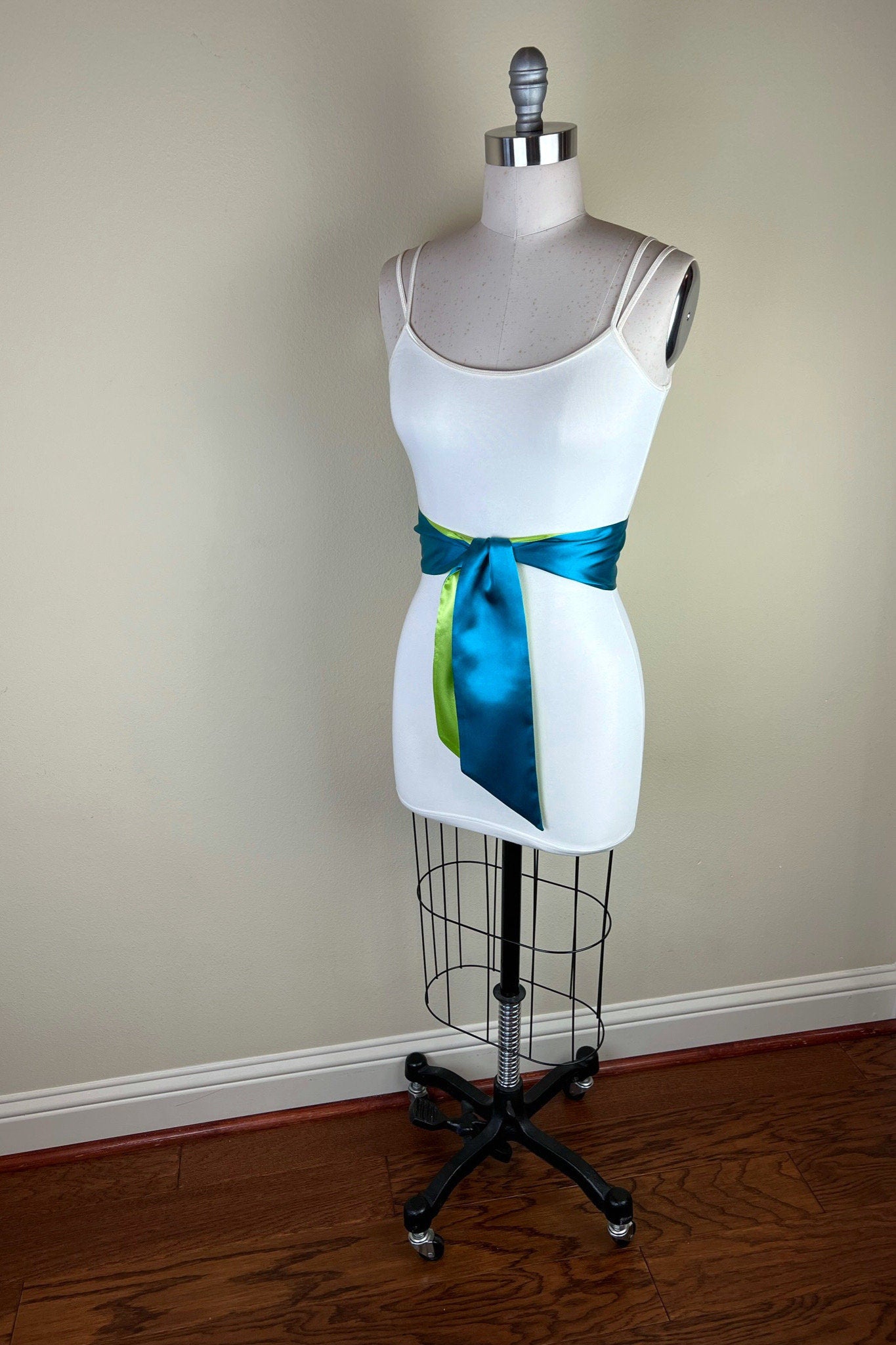 Color Block Teal & Lime Green Satin Sash, Wide Teal Sash Belt, Wide Lime Green Sash, Green Blue Sash Belt, Color Block Sash Belt Satin Swank