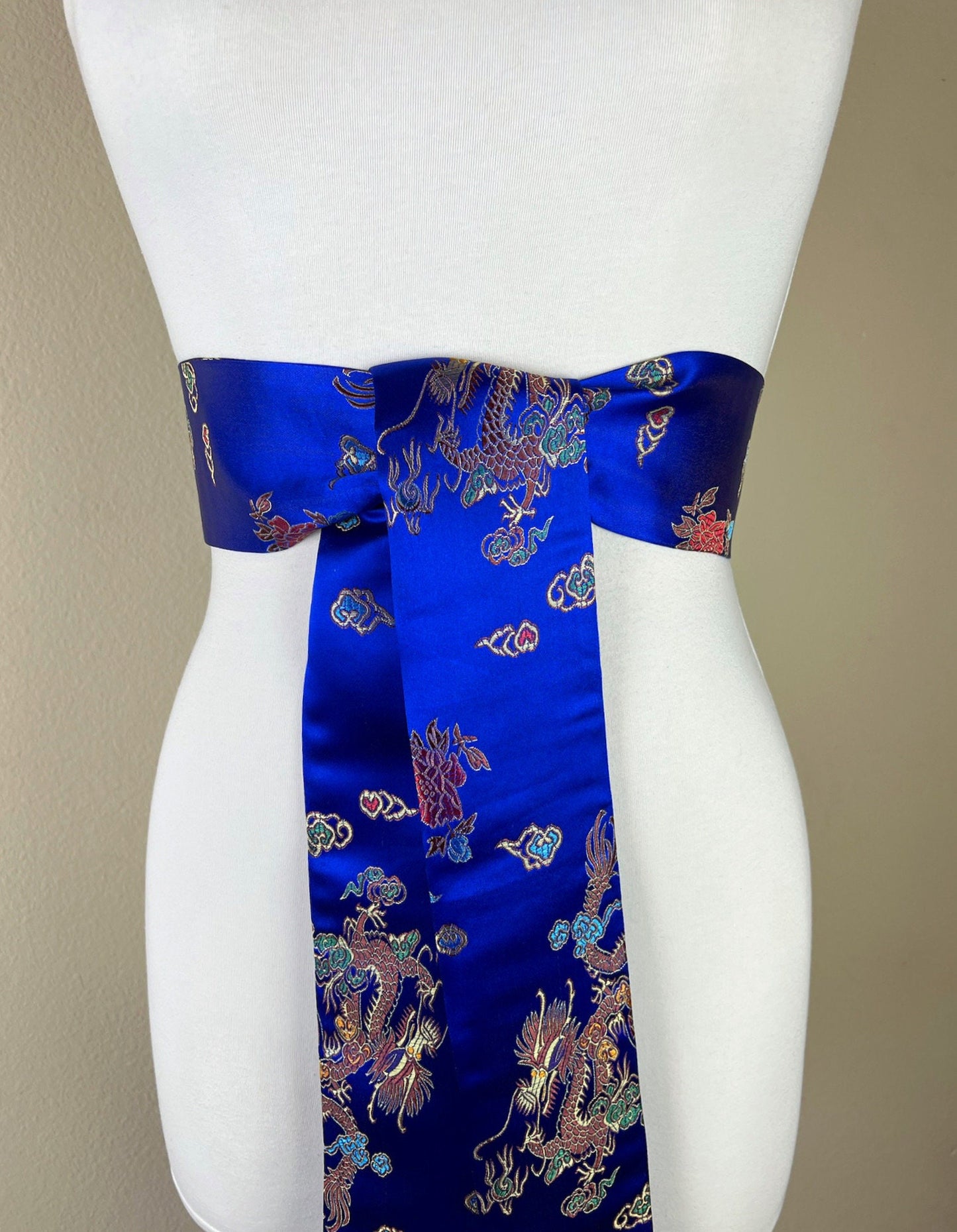 Royal Blue Chinese Dragon Sash, Asian Brocade Sash Belt, Chinese Dragon Print Belt, Chinese Brocade Belt, Blue Obi Kimono Sash, Satin Swank