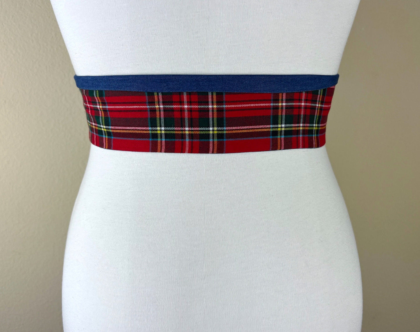 Royal Stewart Tartan & Denim Sash Belt, Red Plaid and Denim Belt, Red Tartan and Denim Sash Belt, Red Plaid Sash, Tartan Belt, Satin Swank
