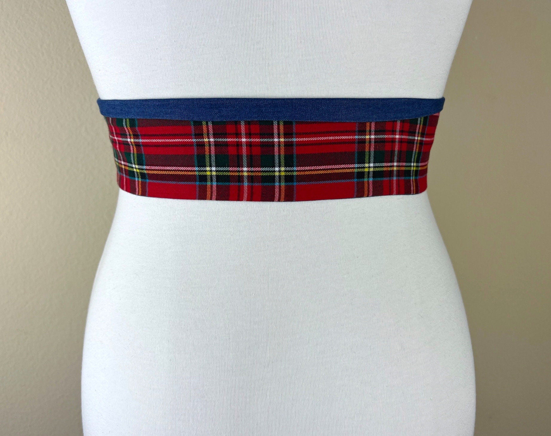 Royal Stewart Tartan & Denim Sash Belt, Red Plaid and Denim Belt, Red Tartan and Denim Sash Belt, Red Plaid Sash, Tartan Belt, Satin Swank