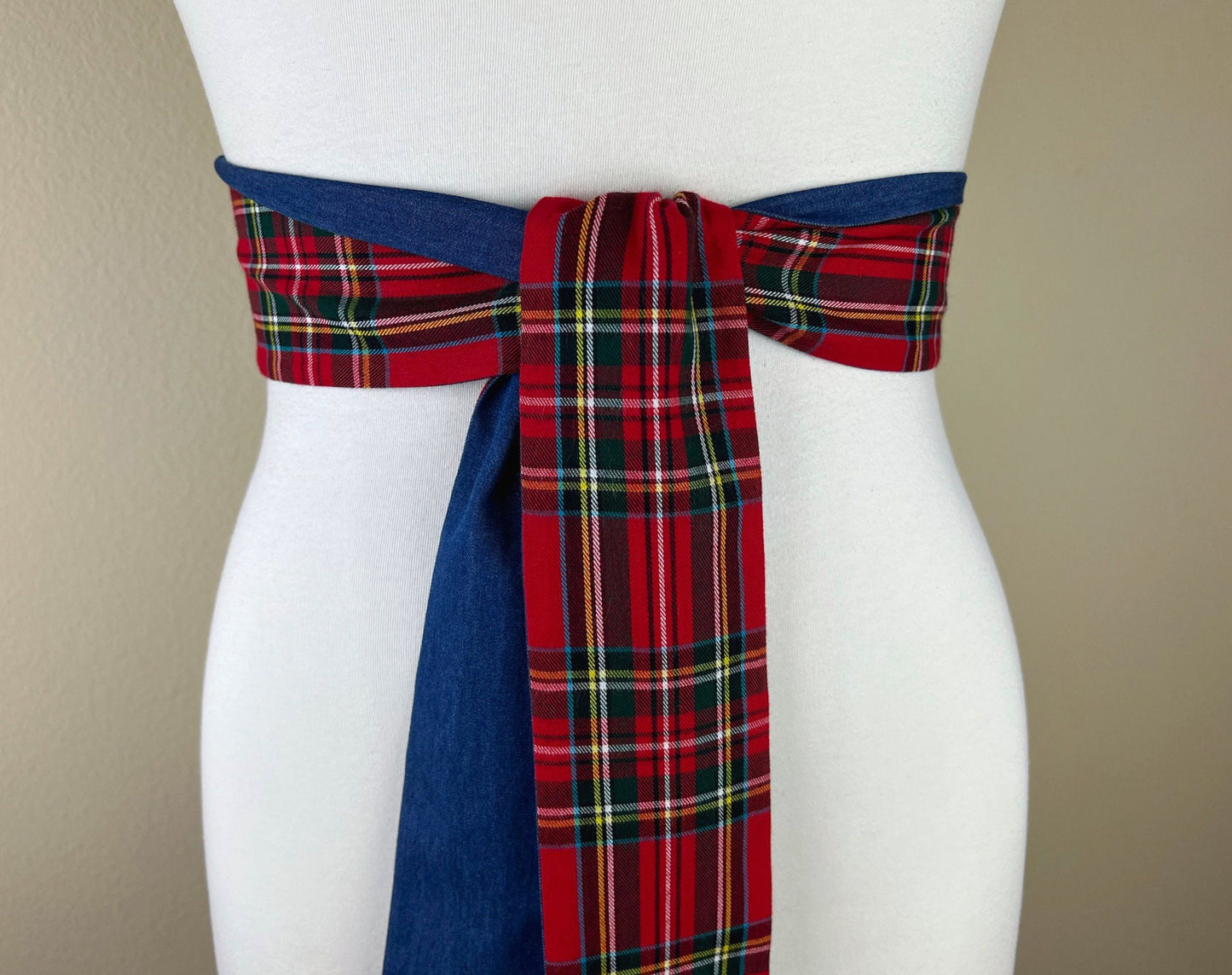 Royal Stewart Tartan & Denim Sash Belt, Red Plaid and Denim Belt, Red Tartan and Denim Sash Belt, Red Plaid Sash, Tartan Belt, Satin Swank