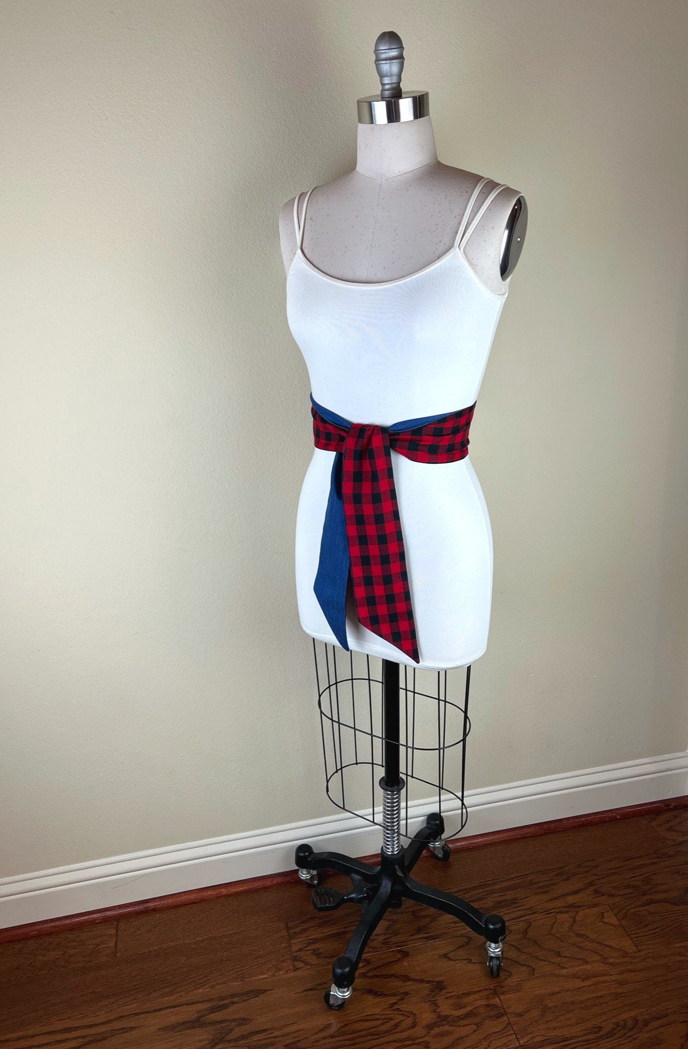 Buffalo Plaid & Denim Sash Belt, Red Black Plaid Belt, Buffalo Check Denim Sash Belt, Red Plaid Accessories, Buffalo Plaid Belt, Satin Swank