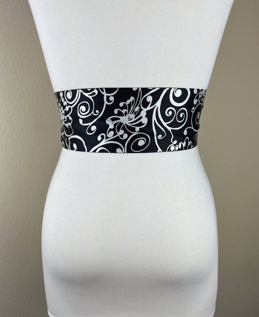 Wide Black & White Sash Belt, Black and White Swirl Print Sash, Reverses to Solid Black Sash, Satin Sash Belt, Black Dress Sash Satin Swank