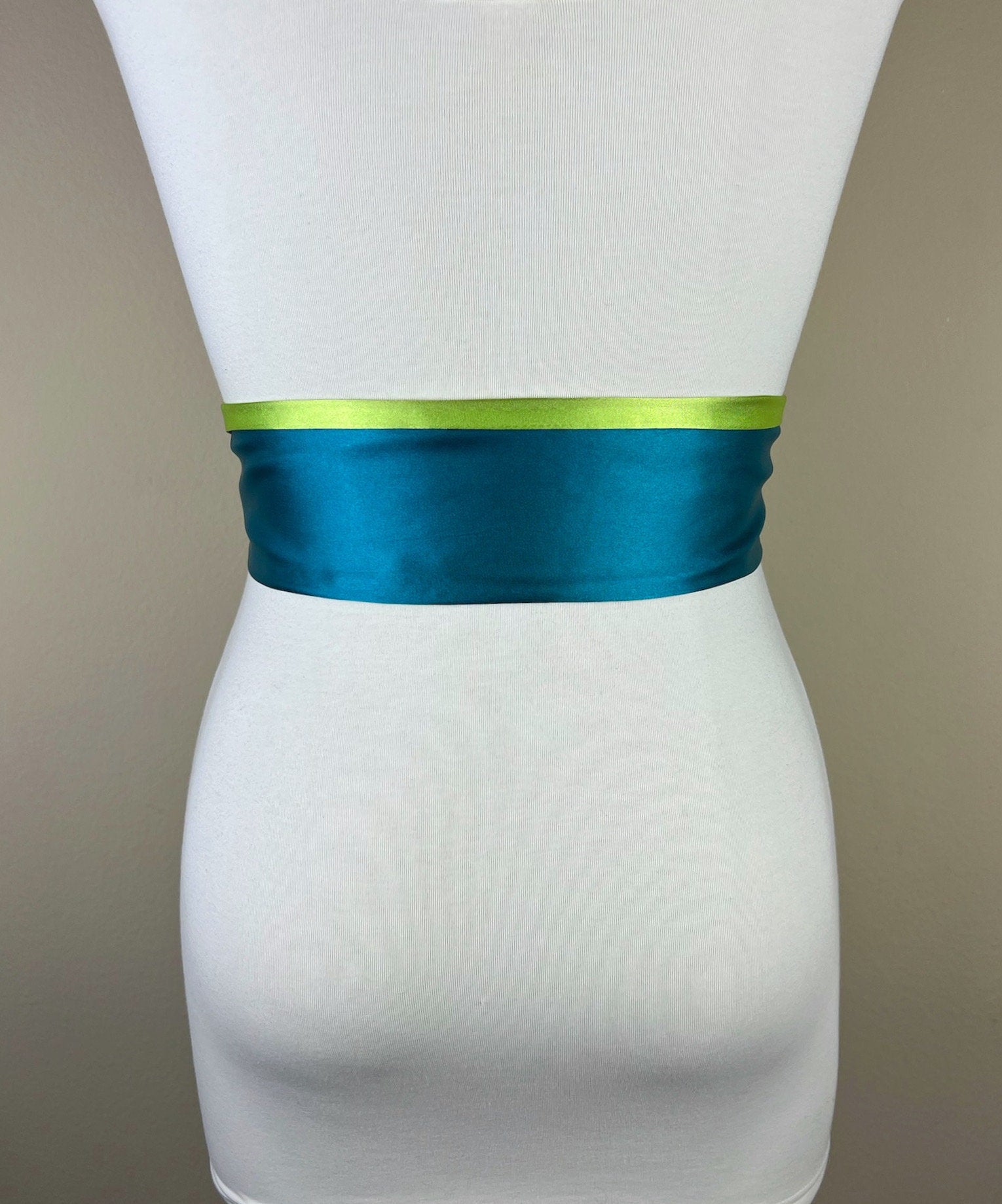 Color Block Teal & Lime Green Satin Sash, Wide Teal Sash Belt, Wide Lime Green Sash, Green Blue Sash Belt, Color Block Sash Belt Satin Swank