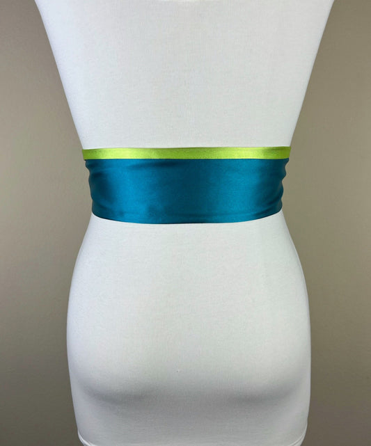 Color Block Teal & Lime Green Satin Sash, Wide Teal Sash Belt, Wide Lime Green Sash, Green Blue Sash Belt, Color Block Sash Belt Satin Swank