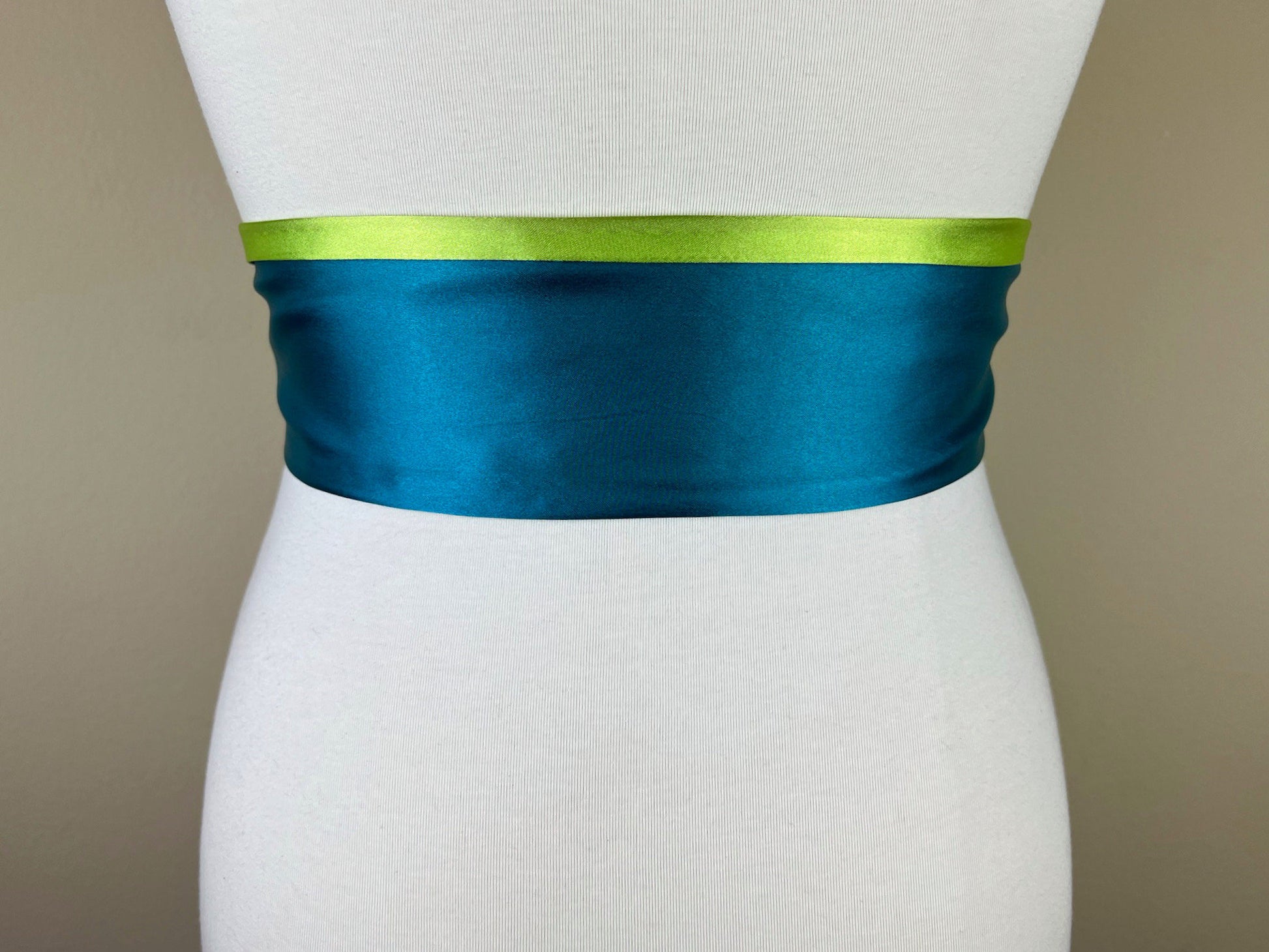 Color Block Teal & Lime Green Satin Sash, Wide Teal Sash Belt, Wide Lime Green Sash, Green Blue Sash Belt, Color Block Sash Belt Satin Swank