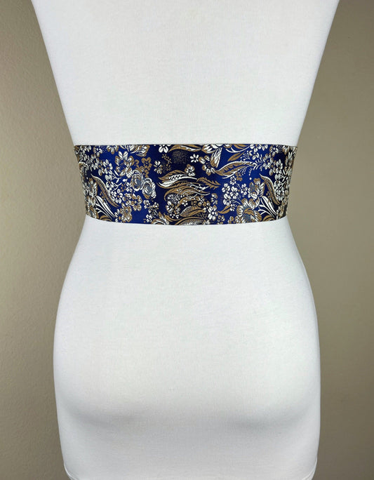 Wide Asian Brocade Sash in Lapis Blue, Floral Sash in Blue & Gold Satin Brocade, Wide Obi Belt, Kimono Sash, Floral Belt, Satin Swank