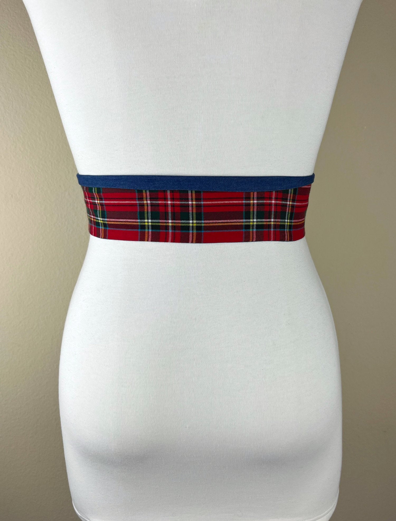 Royal Stewart Tartan & Denim Sash Belt, Red Plaid and Denim Belt, Red Tartan and Denim Sash Belt, Red Plaid Sash, Tartan Belt, Satin Swank