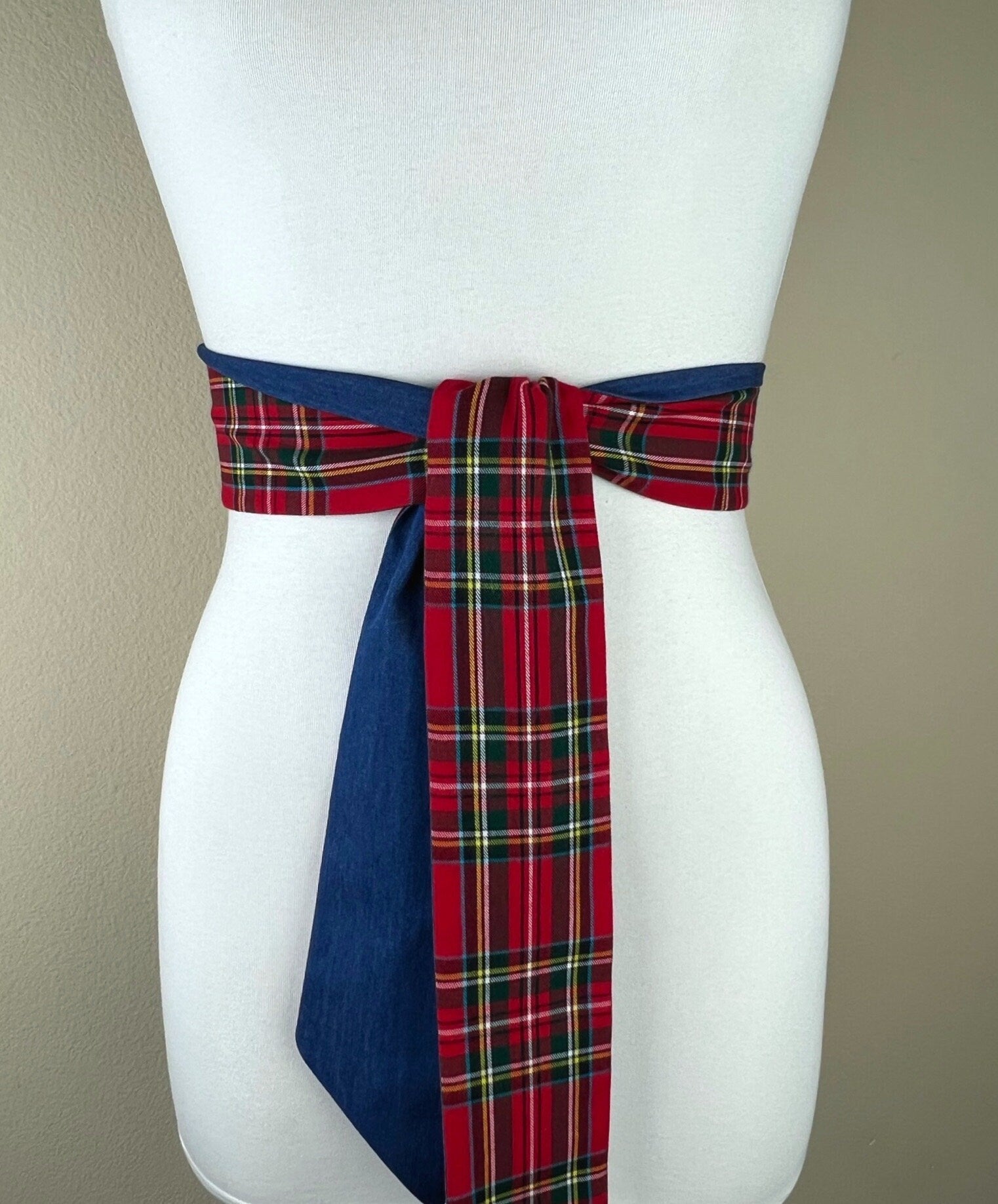 Royal Stewart Tartan & Denim Sash Belt, Red Plaid and Denim Belt, Red Tartan and Denim Sash Belt, Red Plaid Sash, Tartan Belt, Satin Swank
