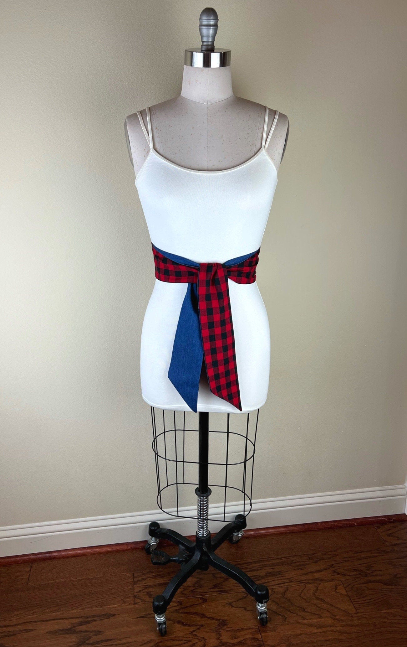 Buffalo Plaid & Denim Sash Belt, Red Black Plaid Belt, Buffalo Check Denim Sash Belt, Red Plaid Accessories, Buffalo Plaid Belt, Satin Swank