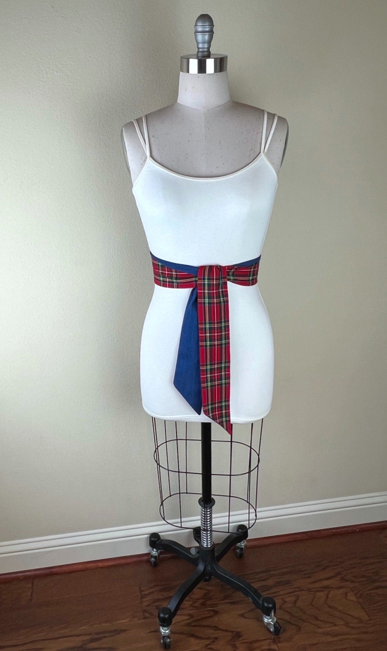 Royal Stewart Tartan & Denim Sash Belt, Red Plaid and Denim Belt, Red Tartan and Denim Sash Belt, Red Plaid Sash, Tartan Belt, Satin Swank
