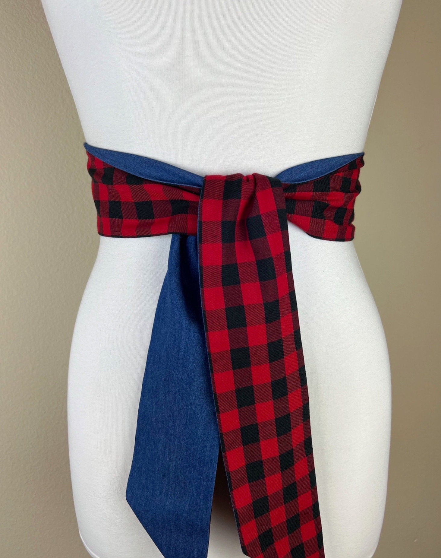 Buffalo Plaid & Denim Sash Belt, Red Black Plaid Belt, Buffalo Check Denim Sash Belt, Red Plaid Accessories, Buffalo Plaid Belt, Satin Swank