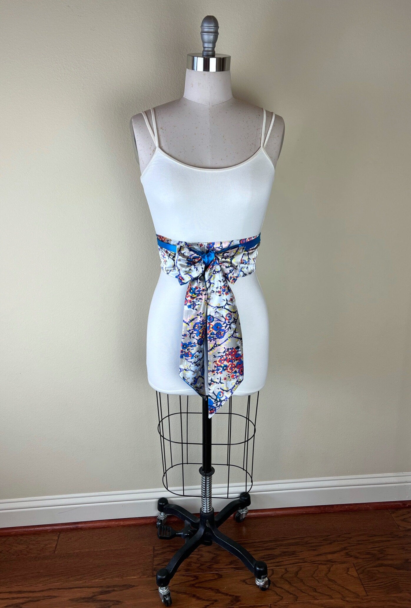 Blue Multi Print Sash Belt, Abstract Print Sash, Boho Accessories, Blue Print Sash, Mixed Print Reversible Satin Sash Belt, Satin Swank