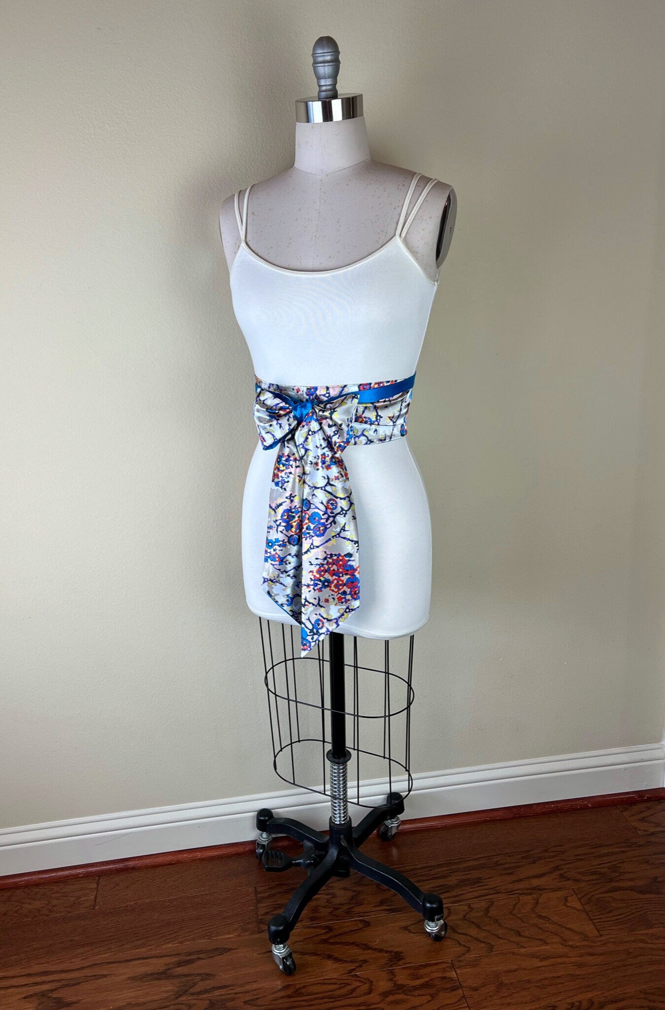 Blue Multi Print Sash Belt, Abstract Print Sash, Boho Accessories, Blue Print Sash, Mixed Print Reversible Satin Sash Belt, Satin Swank