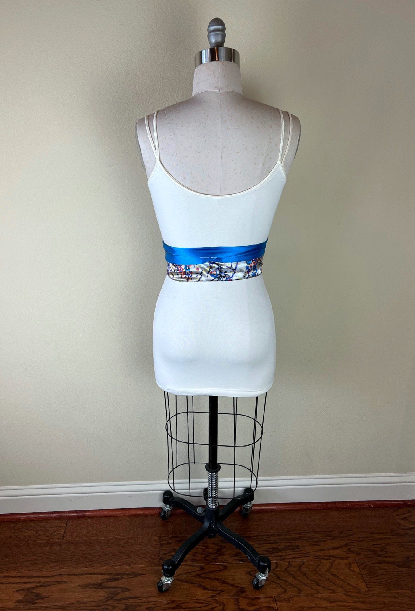 Blue Multi Print Sash Belt, Abstract Print Sash, Boho Accessories, Blue Print Sash, Mixed Print Reversible Satin Sash Belt, Satin Swank