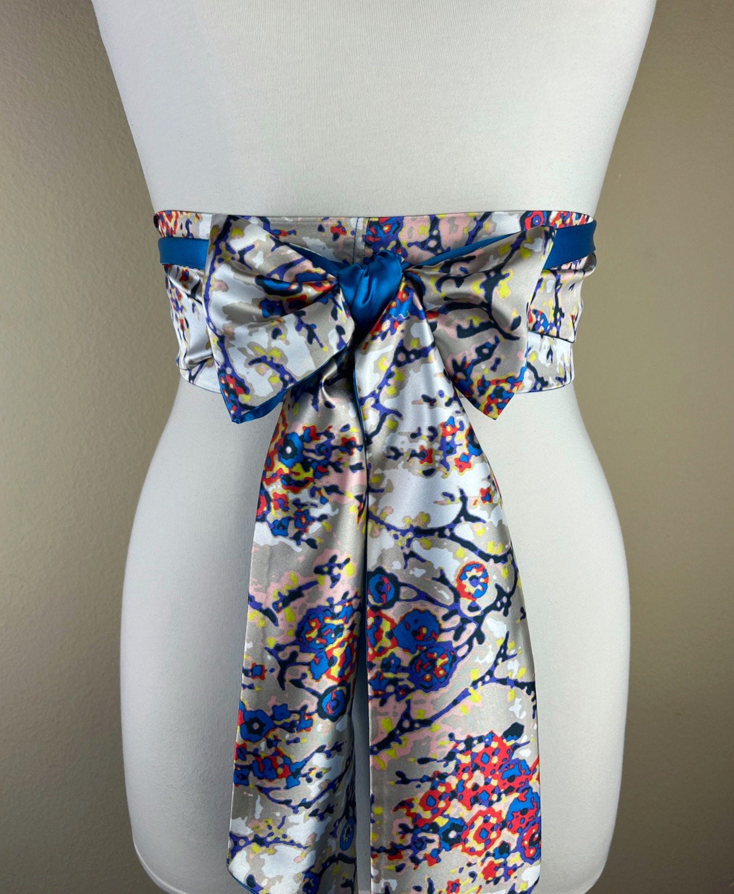 Blue Multi Print Sash Belt, Abstract Print Sash, Boho Accessories, Blue Print Sash, Mixed Print Reversible Satin Sash Belt, Satin Swank