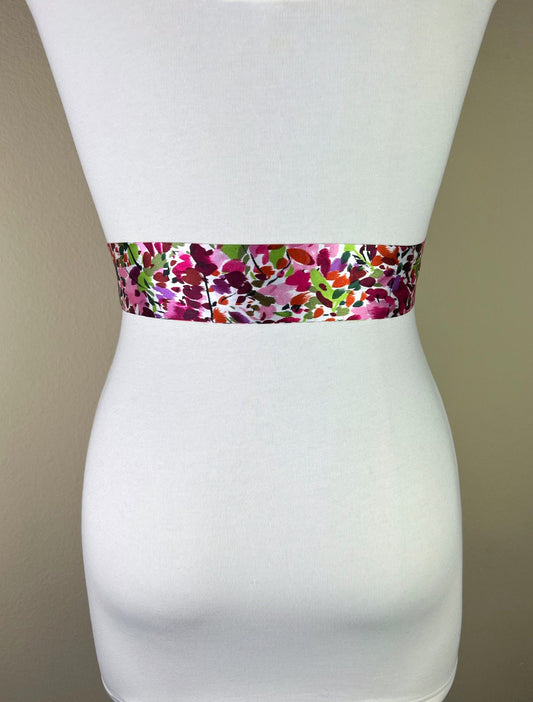 Narrow Multi Pink Print Sash, Pink Sash Belt, Watercolor Print Sash, Mixed Print Satin Waist Sash, Pink Print Sash, Satin Swank