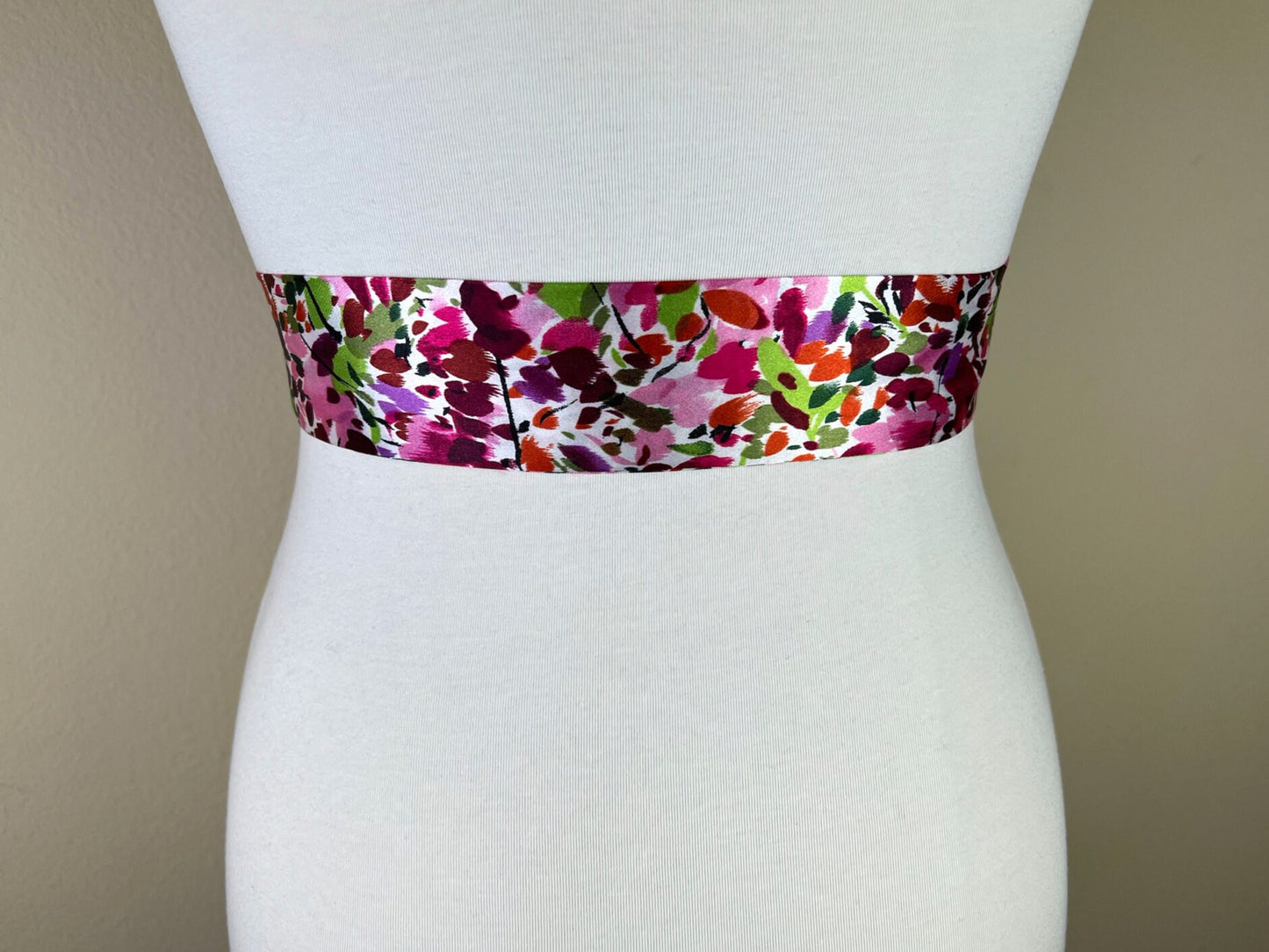 Narrow Multi Pink Print Sash, Pink Sash Belt, Watercolor Print Sash, Mixed Print Satin Waist Sash, Pink Print Sash, Satin Swank