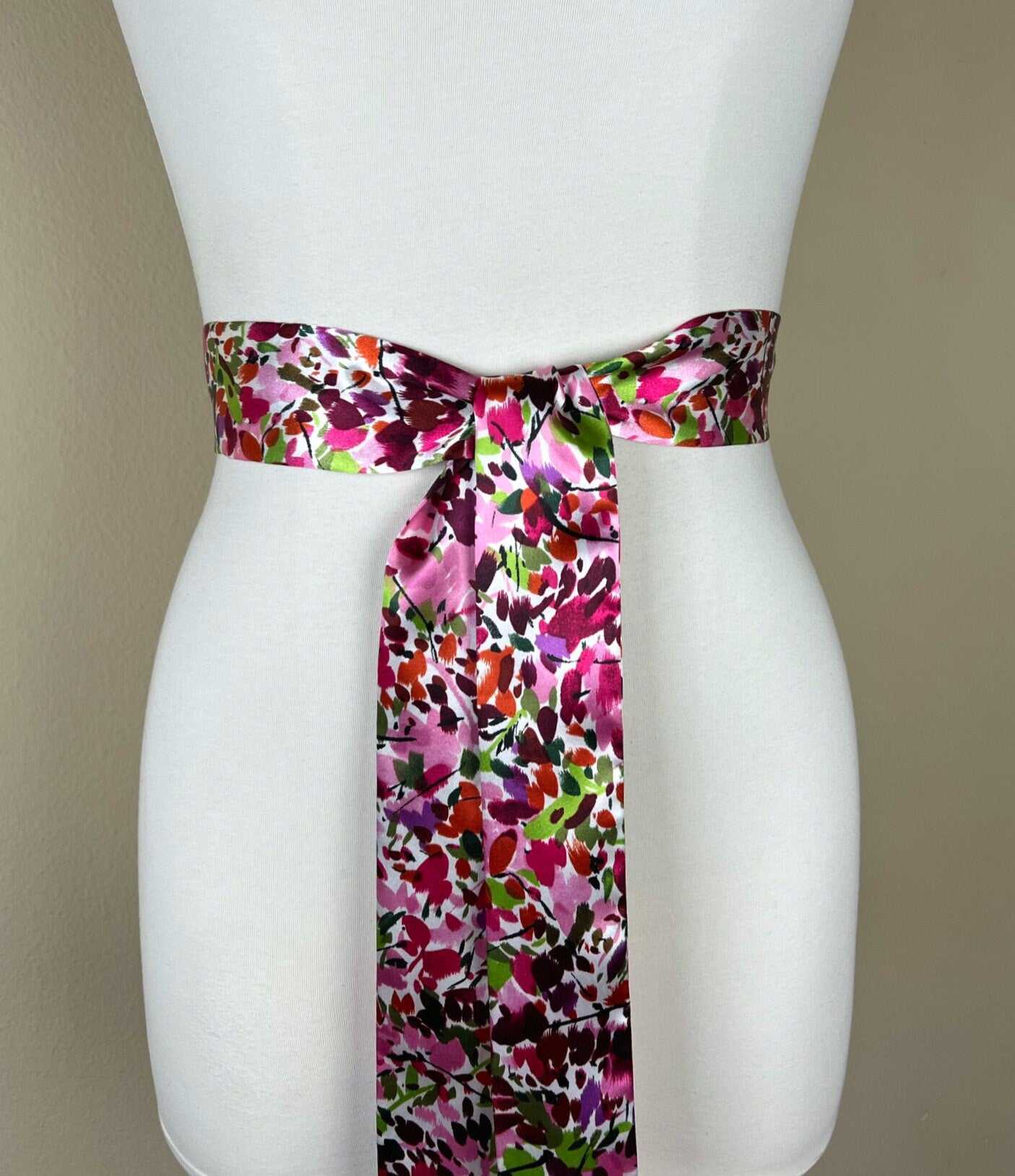 Narrow Multi Pink Print Sash, Pink Sash Belt, Watercolor Print Sash, Mixed Print Satin Waist Sash, Pink Print Sash, Satin Swank