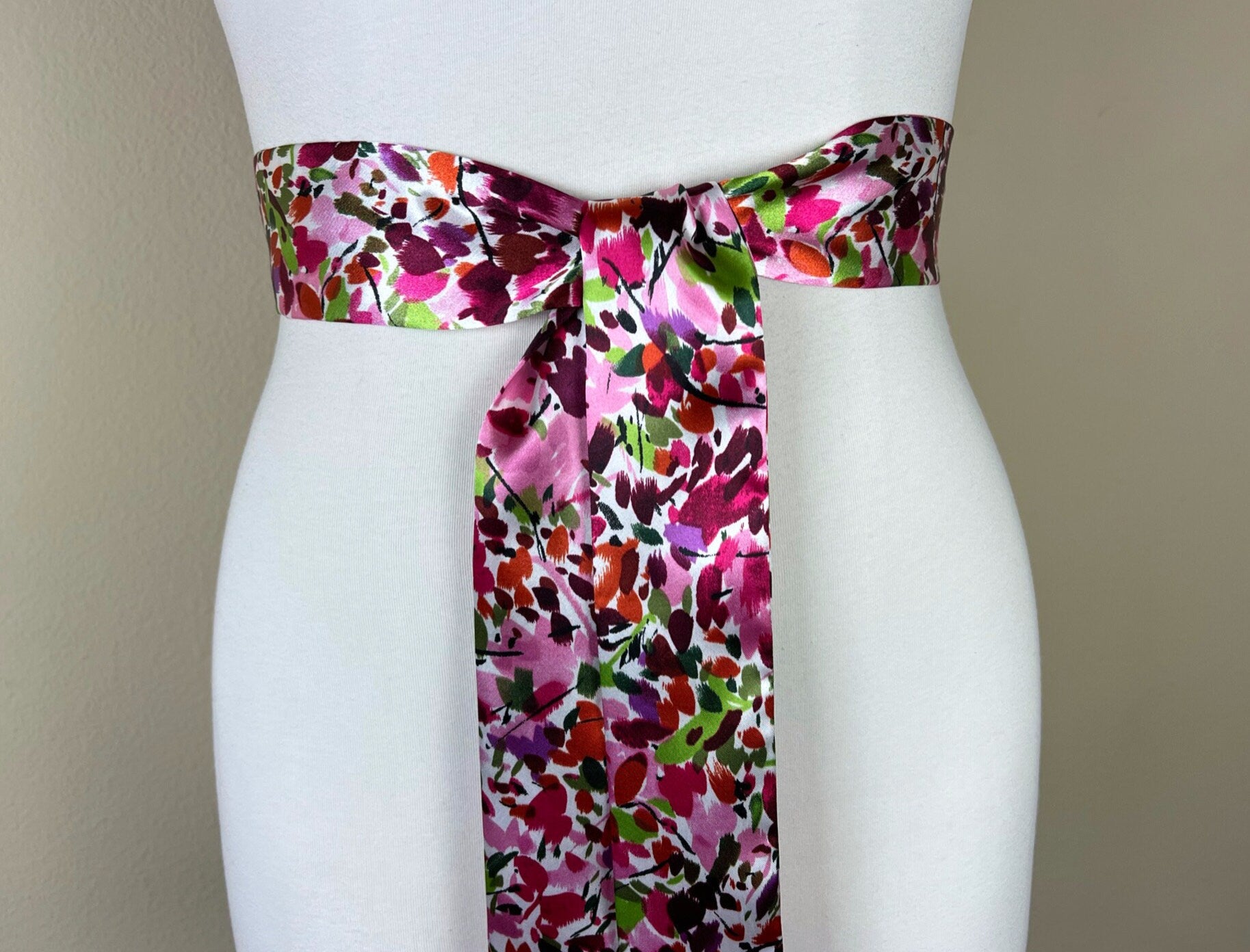 Narrow Multi Pink Print Sash, Pink Sash Belt, Watercolor Print Sash, Mixed Print Satin Waist Sash, Pink Print Sash, Satin Swank