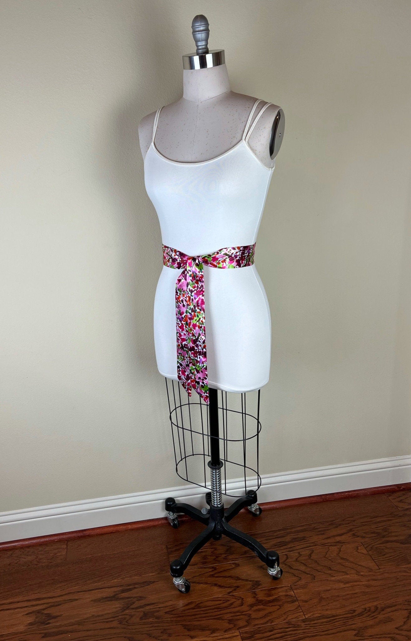 Narrow Multi Pink Print Sash, Pink Sash Belt, Watercolor Print Sash, Mixed Print Satin Waist Sash, Pink Print Sash, Satin Swank