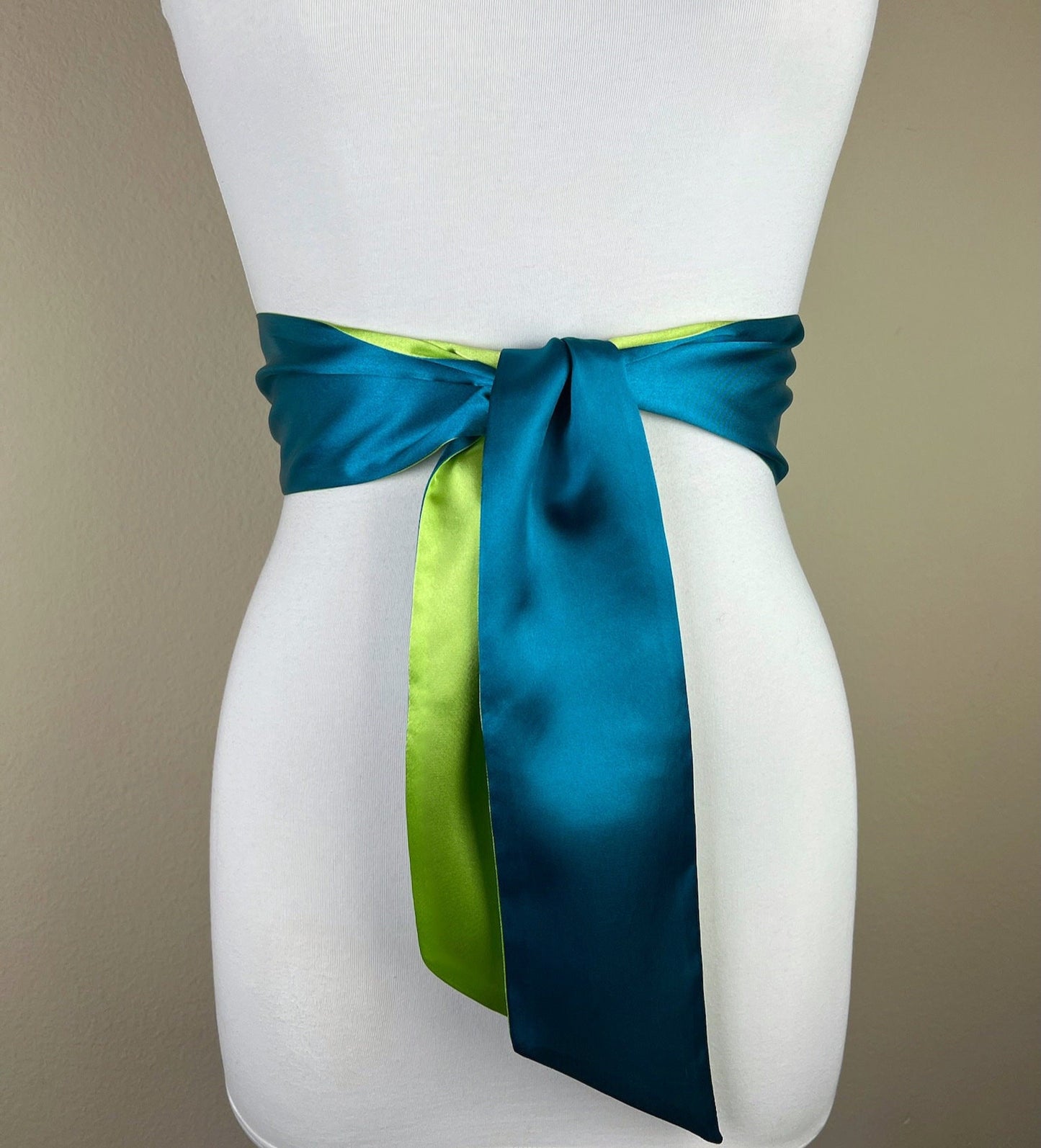 Color Block Teal & Lime Green Satin Sash, Wide Teal Sash Belt, Wide Lime Green Sash, Green Blue Sash Belt, Color Block Sash Belt Satin Swank