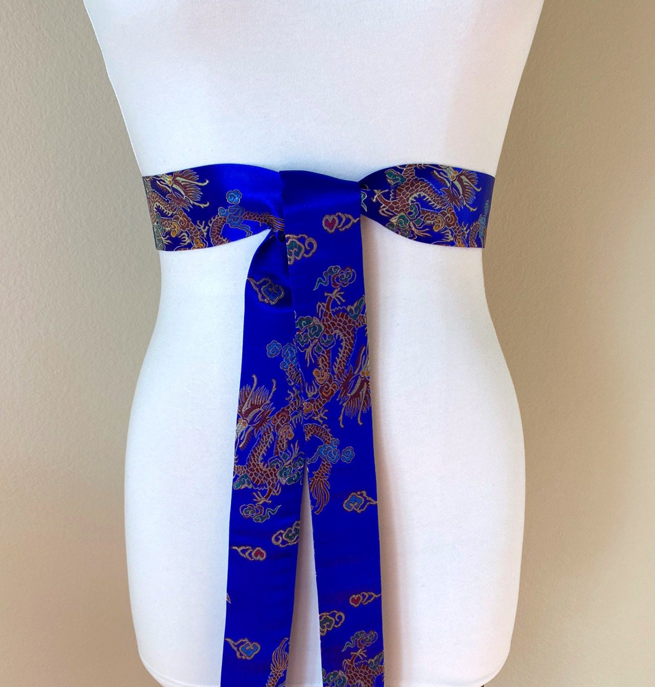 Narrow Royal Blue Chinese Dragon Sash, Asian Brocade Sash Belt, Chinese Dragon Print Belt, Chinese Brocade Belt Blue Kimono Belt Satin Swank
