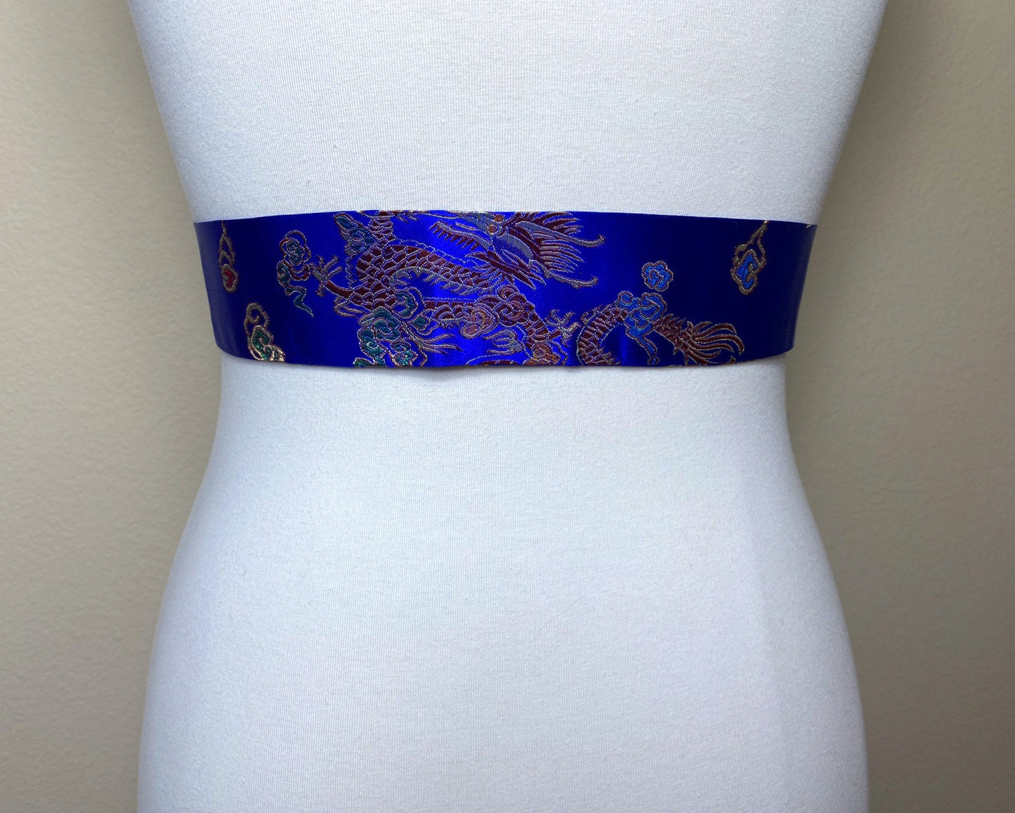 Narrow Royal Blue Chinese Dragon Sash, Asian Brocade Sash Belt, Chinese Dragon Print Belt, Chinese Brocade Belt Blue Kimono Belt Satin Swank