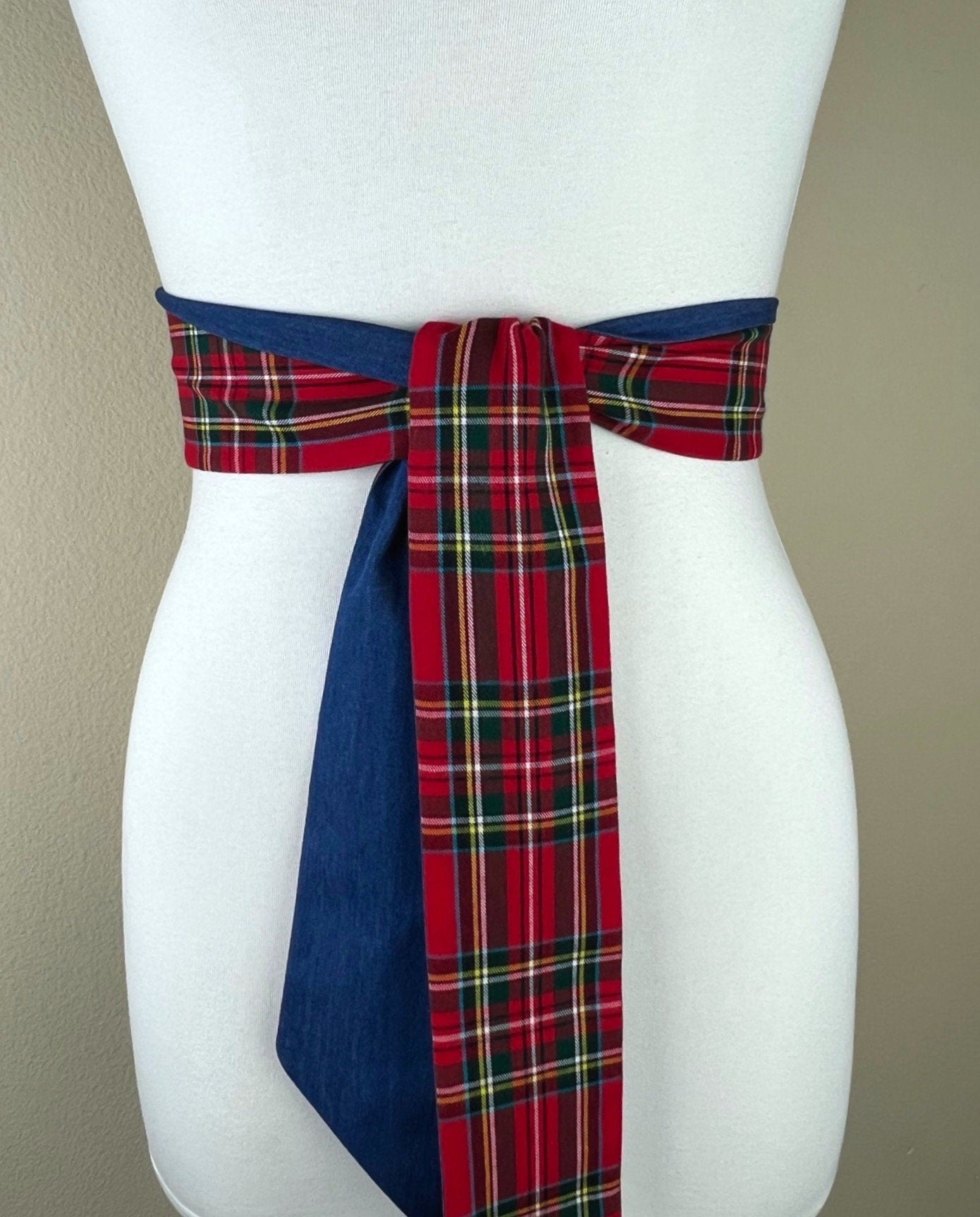 Royal Stewart Tartan & Denim Sash Belt, Red Plaid and Denim Belt, Red Tartan and Denim Sash Belt, Red Plaid Sash, Tartan Belt, Satin Swank