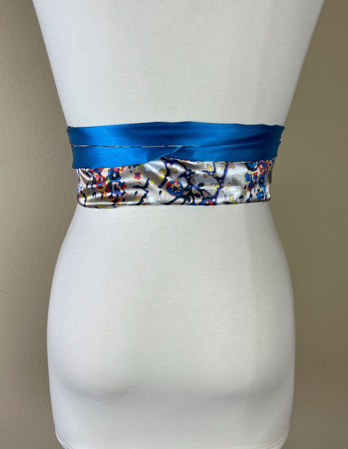 Blue Multi Print Sash Belt, Abstract Print Sash, Boho Accessories, Blue Print Sash, Mixed Print Reversible Satin Sash Belt, Satin Swank