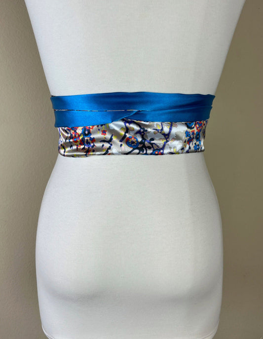 Blue Multi Print Sash Belt, Abstract Print Sash, Boho Accessories, Blue Print Sash, Mixed Print Reversible Satin Sash Belt, Satin Swank