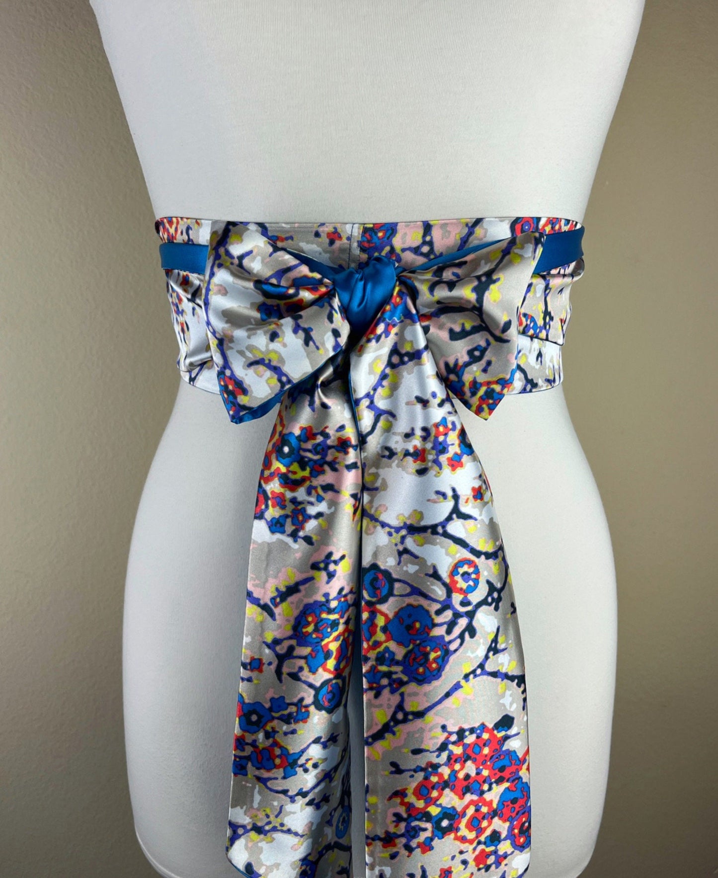 Blue Multi Print Sash Belt, Abstract Print Sash, Boho Accessories, Blue Print Sash, Mixed Print Reversible Satin Sash Belt, Satin Swank