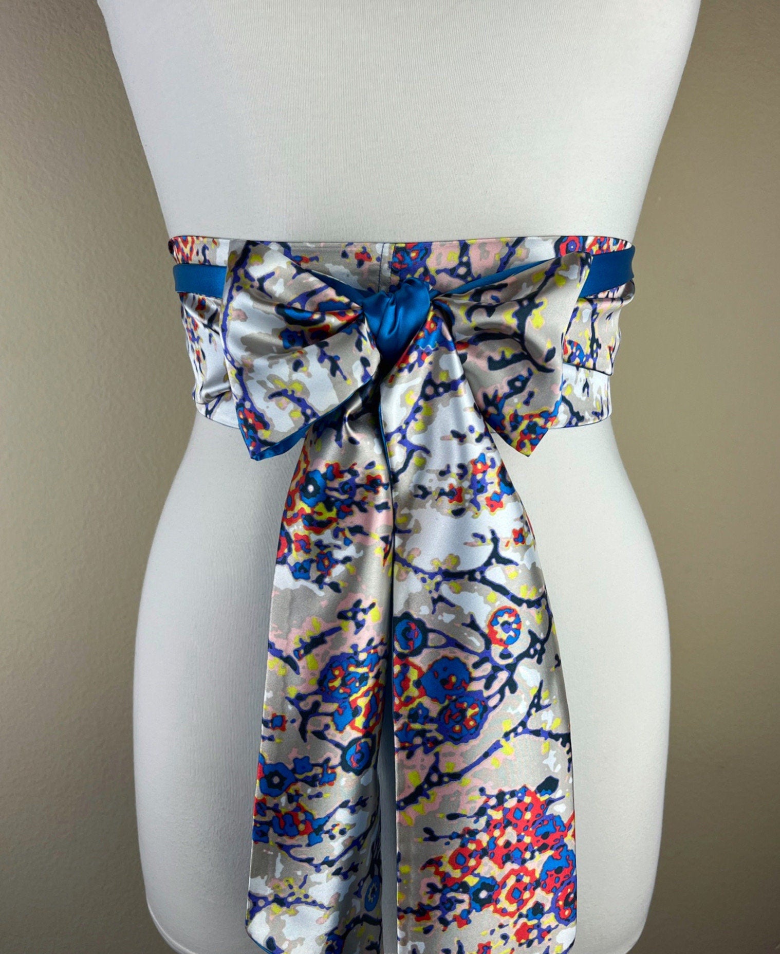 Blue Multi Print Sash Belt, Abstract Print Sash, Boho Accessories, Blue Print Sash, Mixed Print Reversible Satin Sash Belt, Satin Swank