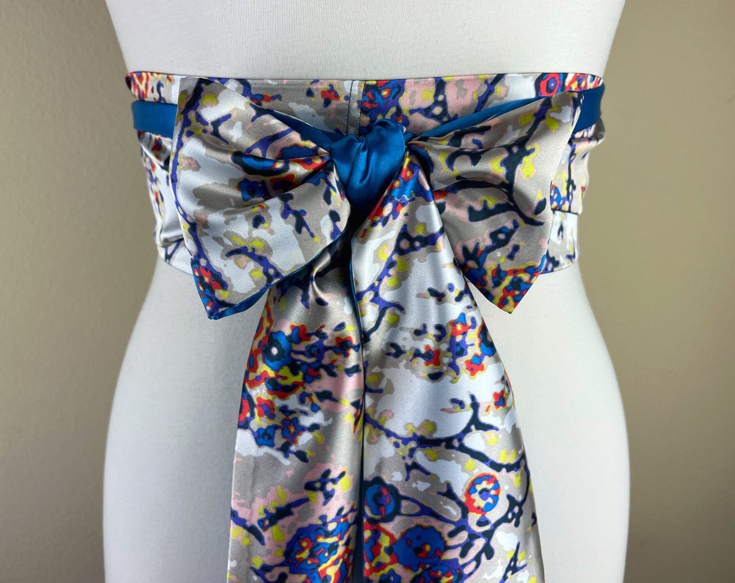 Blue Multi Print Sash Belt, Abstract Print Sash, Boho Accessories, Blue Print Sash, Mixed Print Reversible Satin Sash Belt, Satin Swank