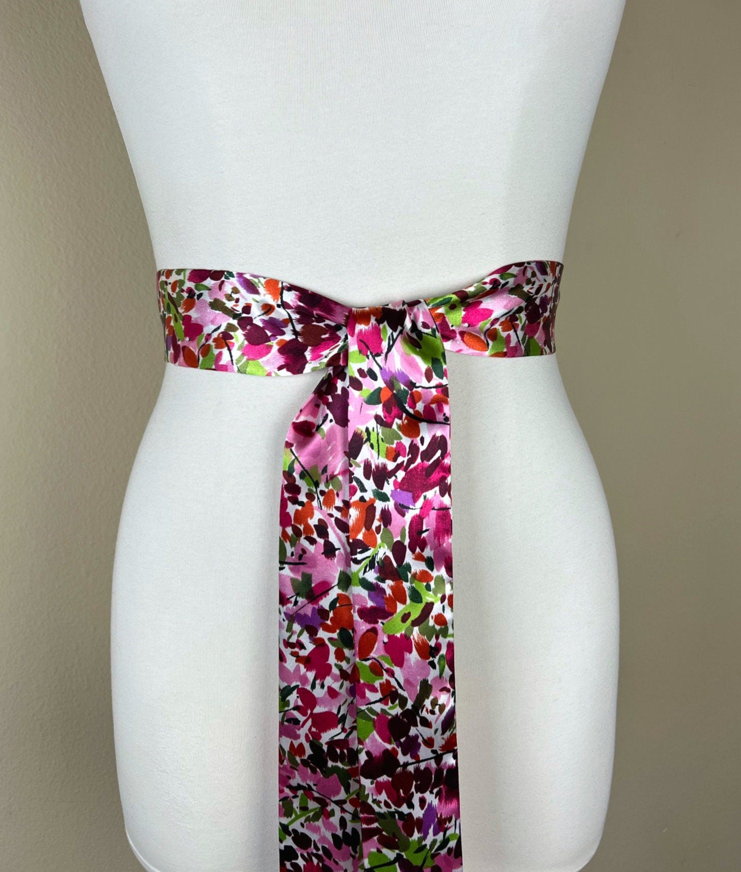 Narrow Multi Pink Print Sash, Pink Sash Belt, Watercolor Print Sash, Mixed Print Satin Waist Sash, Pink Print Sash, Satin Swank