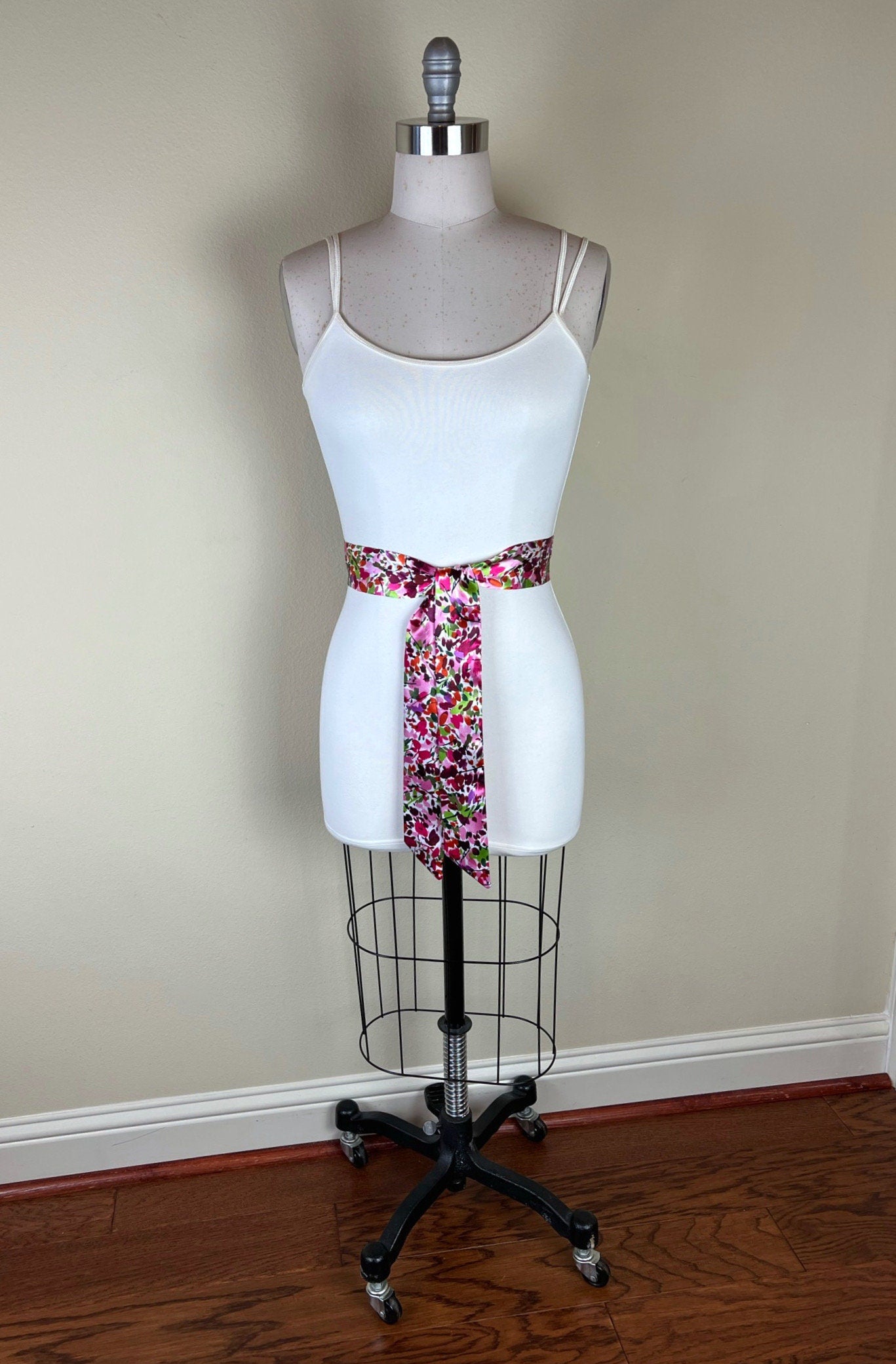 Narrow Multi Pink Print Sash, Pink Sash Belt, Watercolor Print Sash, Mixed Print Satin Waist Sash, Pink Print Sash, Satin Swank