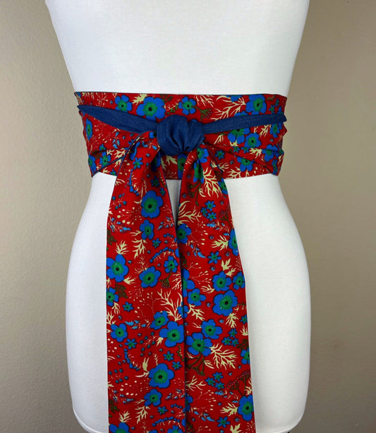 Wide Red Floral & Denim Sash, Boho Flower Print Sash, Red and Denim Blue Flower Sash Belt, Reverses to Denim Blue Sash, Satin Swank