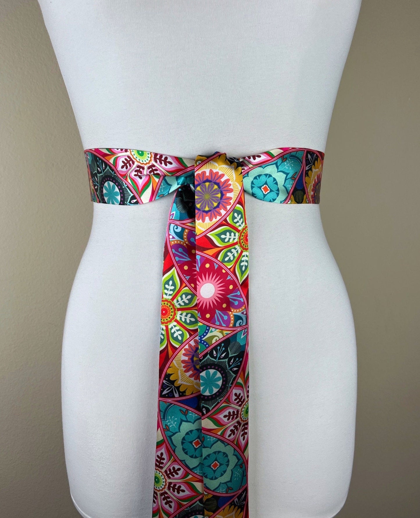 Narrow Kaleidoscope Print Sash, Mandala Print Sash Belt, Boho Accessories, Multi Color Sash, Boho Belt, Print Satin Sash Belt, Satin Swank
