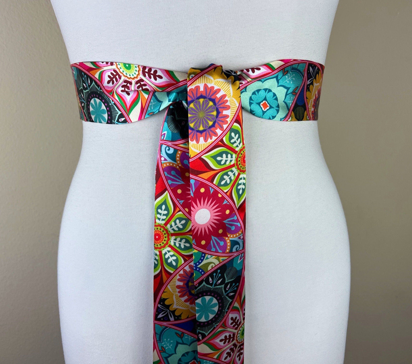 Narrow Kaleidoscope Print Sash, Mandala Print Sash Belt, Boho Accessories, Multi Color Sash, Boho Belt, Print Satin Sash Belt, Satin Swank