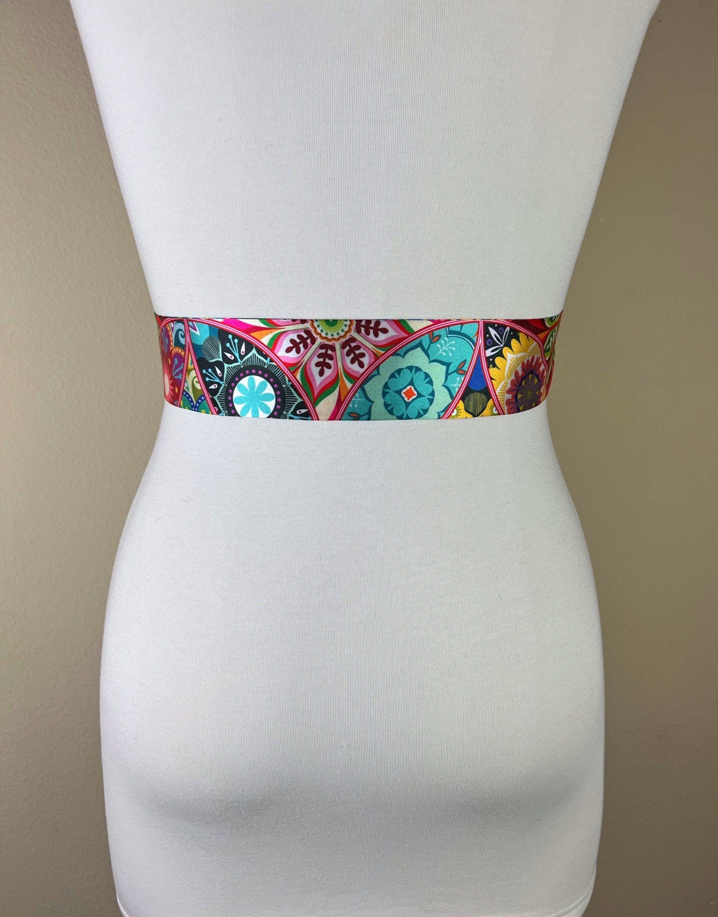 Narrow Kaleidoscope Print Sash, Mandala Print Sash Belt, Boho Accessories, Multi Color Sash, Boho Belt, Print Satin Sash Belt, Satin Swank