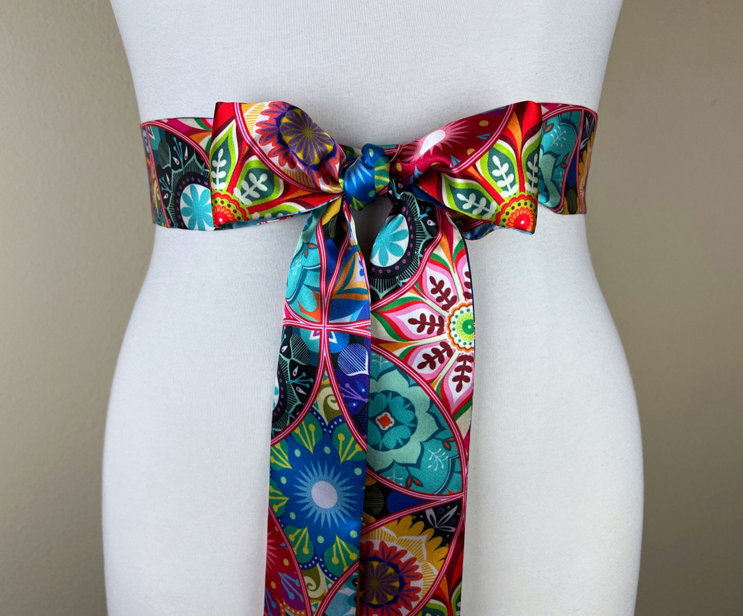 Narrow Kaleidoscope Print Sash, Mandala Print Sash Belt, Boho Accessories, Multi Color Sash, Boho Belt, Print Satin Sash Belt, Satin Swank