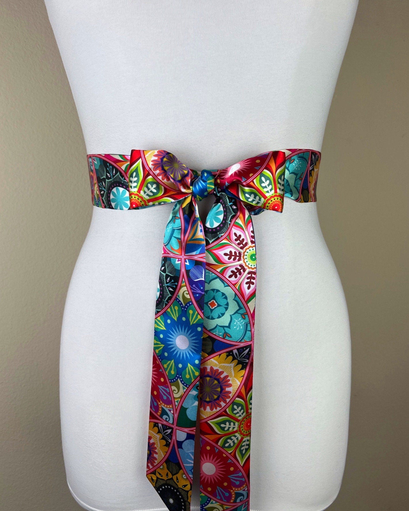 Narrow Kaleidoscope Print Sash, Mandala Print Sash Belt, Boho Accessories, Multi Color Sash, Boho Belt, Print Satin Sash Belt, Satin Swank