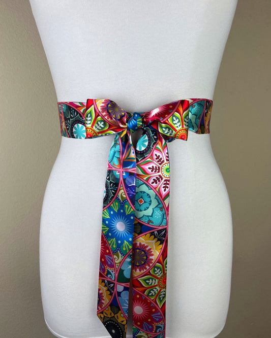 Narrow Kaleidoscope Print Sash, Mandala Print Sash Belt, Boho Accessories, Multi Color Sash, Boho Belt, Print Satin Sash Belt, Satin Swank