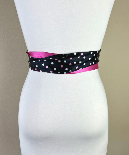 Wide Black & Pink Polka Dot Sash, Pink + Black Satin Sash, Pink Polka Dot Sash Belt, Print Sash Belt Reverses to Solid Pink Sash Satin Swank