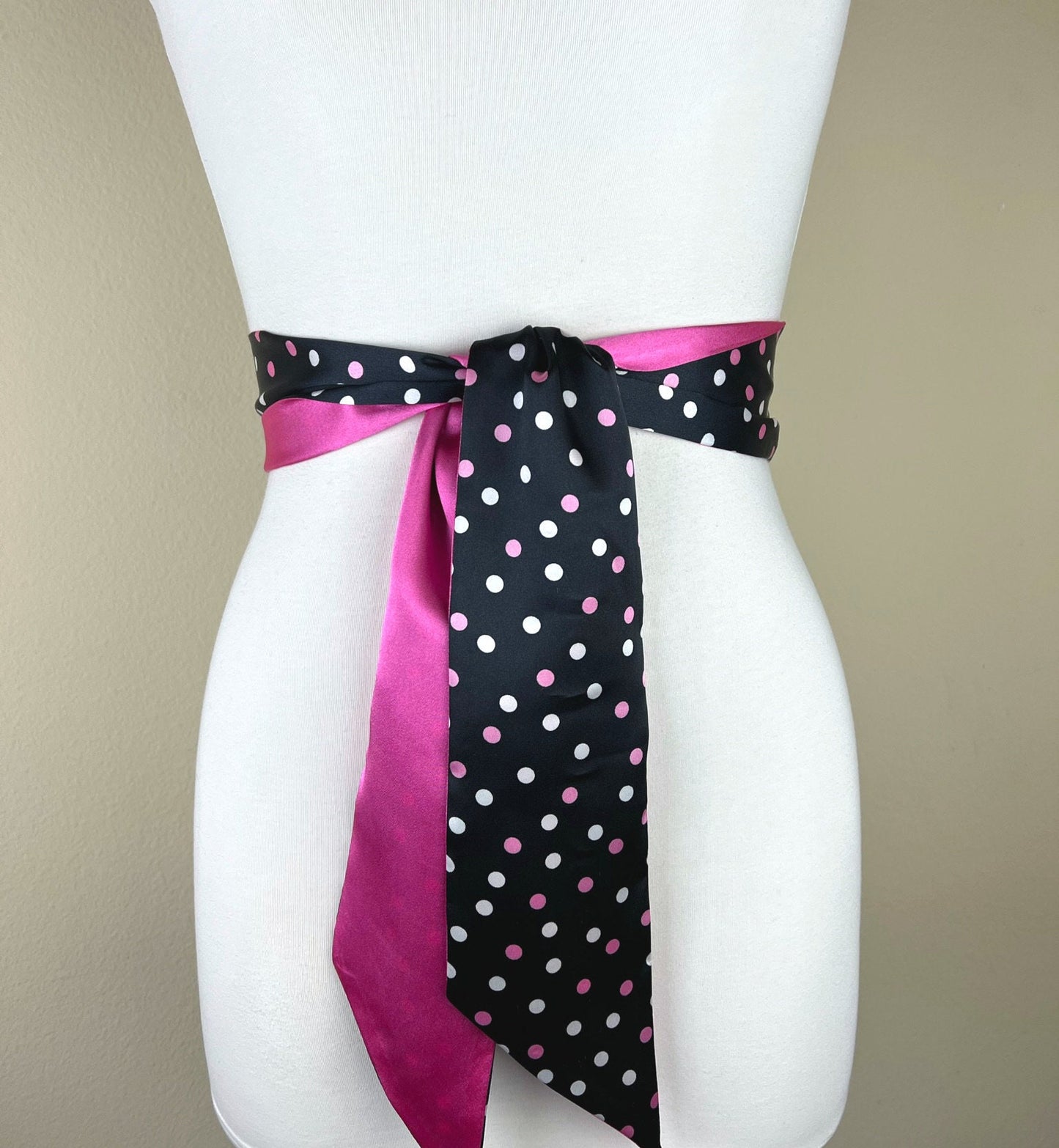Wide Black & Pink Polka Dot Sash, Pink + Black Satin Sash, Pink Polka Dot Sash Belt, Print Sash Belt Reverses to Solid Pink Sash Satin Swank