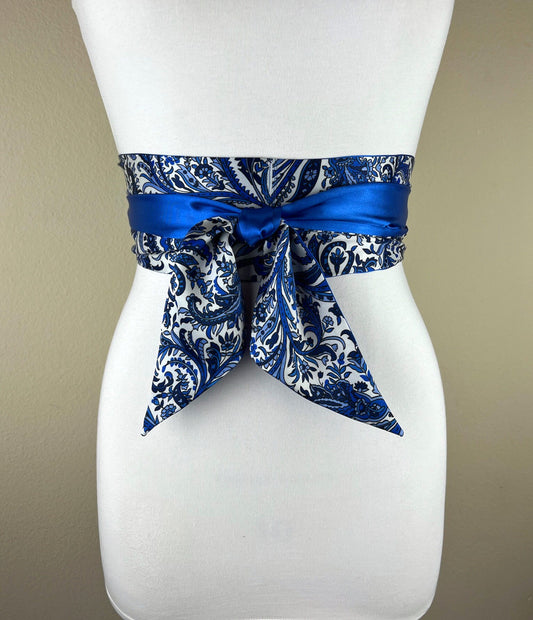 Wide Blue Floral Satin Sash, Royal Blue Satin Sash, Flourish Print Sash Belt, Blue Print Sash, Print Satin Sash Belt, Royal Blue Satin Swank
