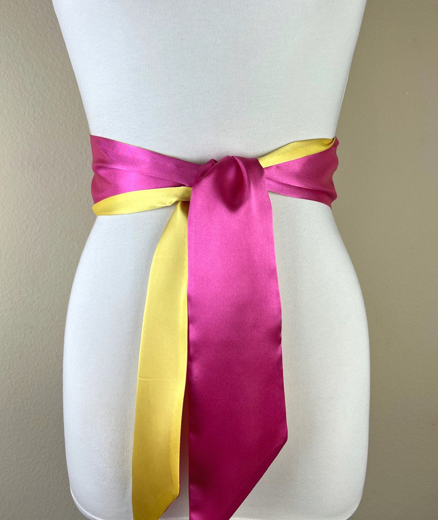 Color Block Pink & Yellow Satin Sash, Wide Yellow + Pink Sash Belt, Pink Satin Sash, Color Block Dress Sash, Yellow Satin Sash, Satin Swank