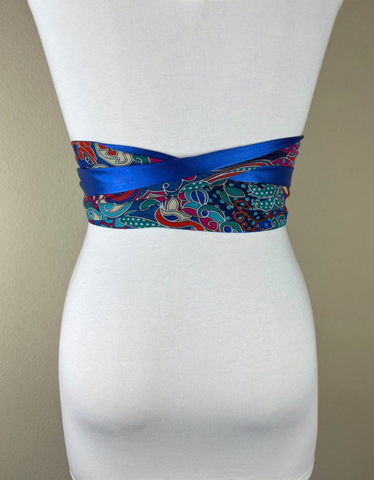 Boho Print Sash Belt, Medallion Print Sash, Multi Color Sash Belt, Blue Floral Print Sash, Colorful Sash Belt, Royal Blue Sash, Satin Swank